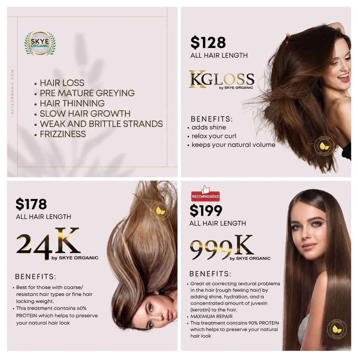 Three organic keratin treatments: KGloss, 24K and 999K